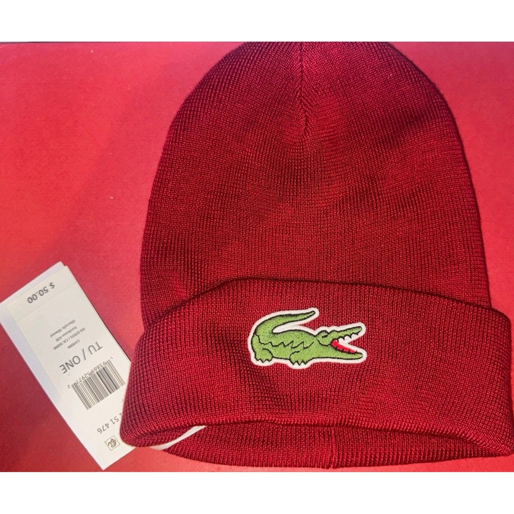 Lacoste Burgundy Crocodile Logo Beanie Hat Mens Lightweight GV4006 One Size